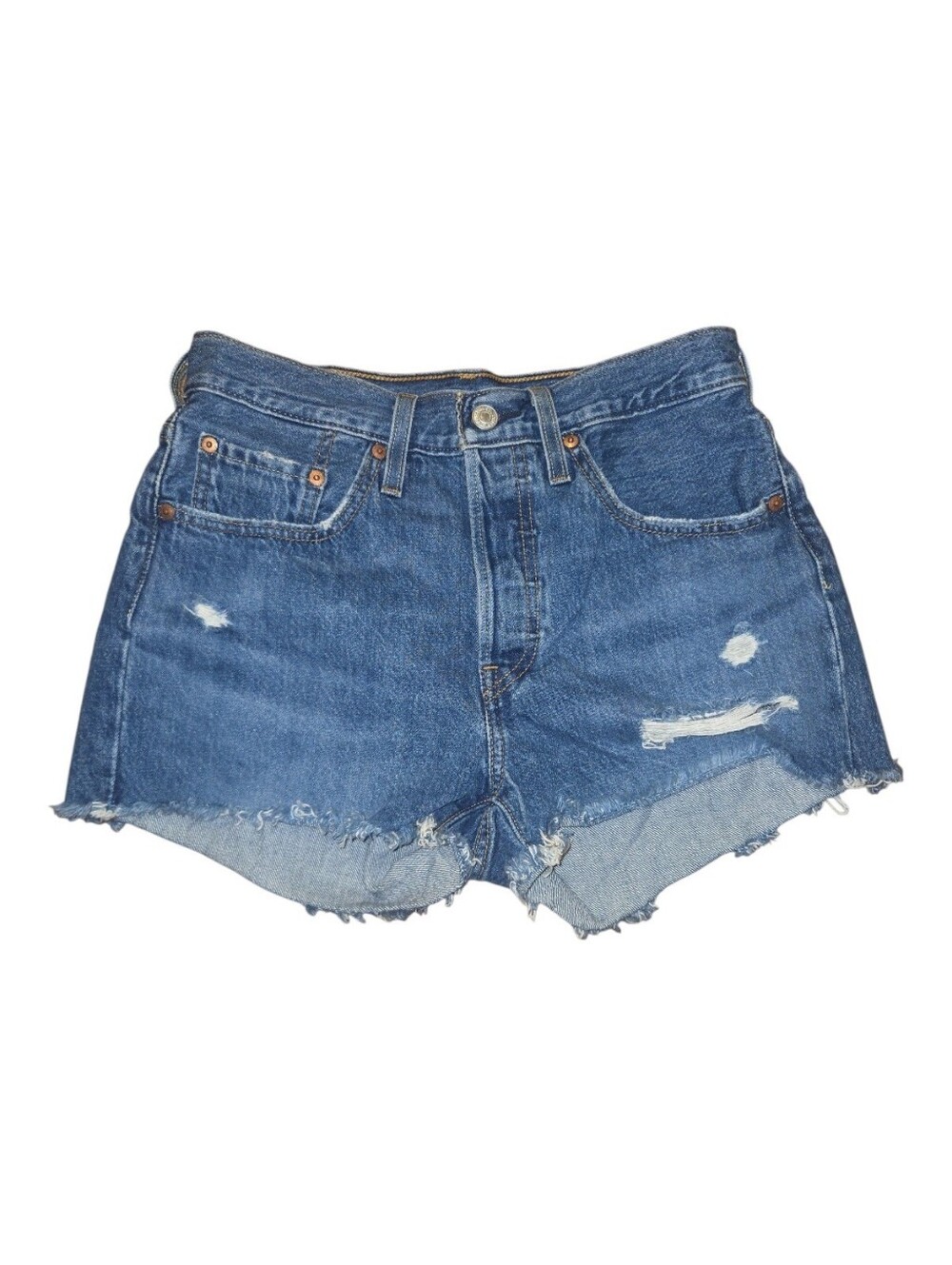 Levi's 501 distressed denim shorts featuring a classic blue wash. Size 27